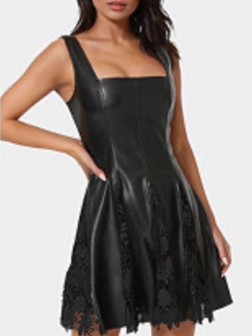 bebe Black Faux Leather Mini Dress with Lace Insets